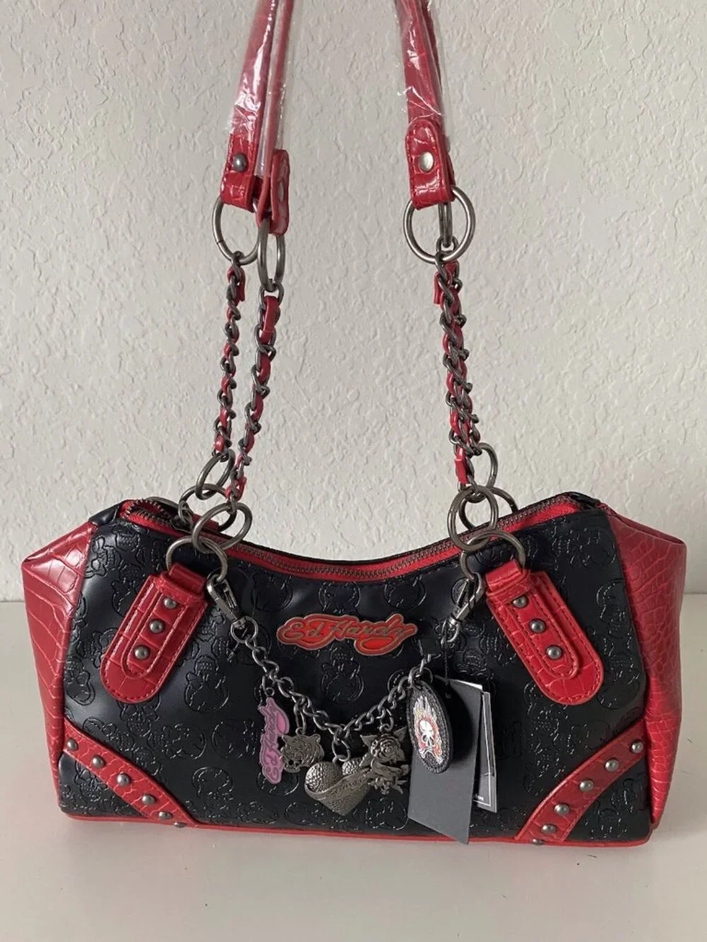Ed Hardy Black Red Tote Satchel Chain Charm Studded Croc Embossed‎ Skulls NEW